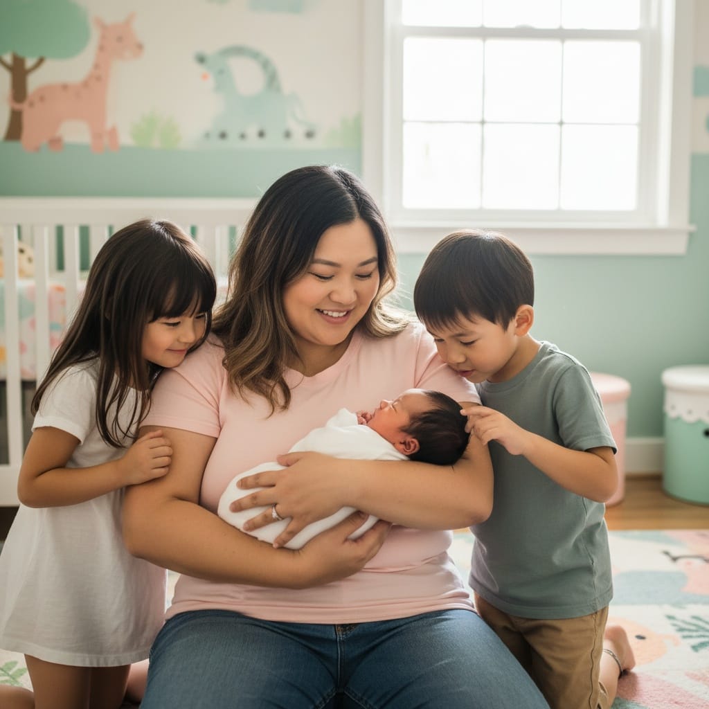 plus_size asian woman siblings meeting newborn 23706316
