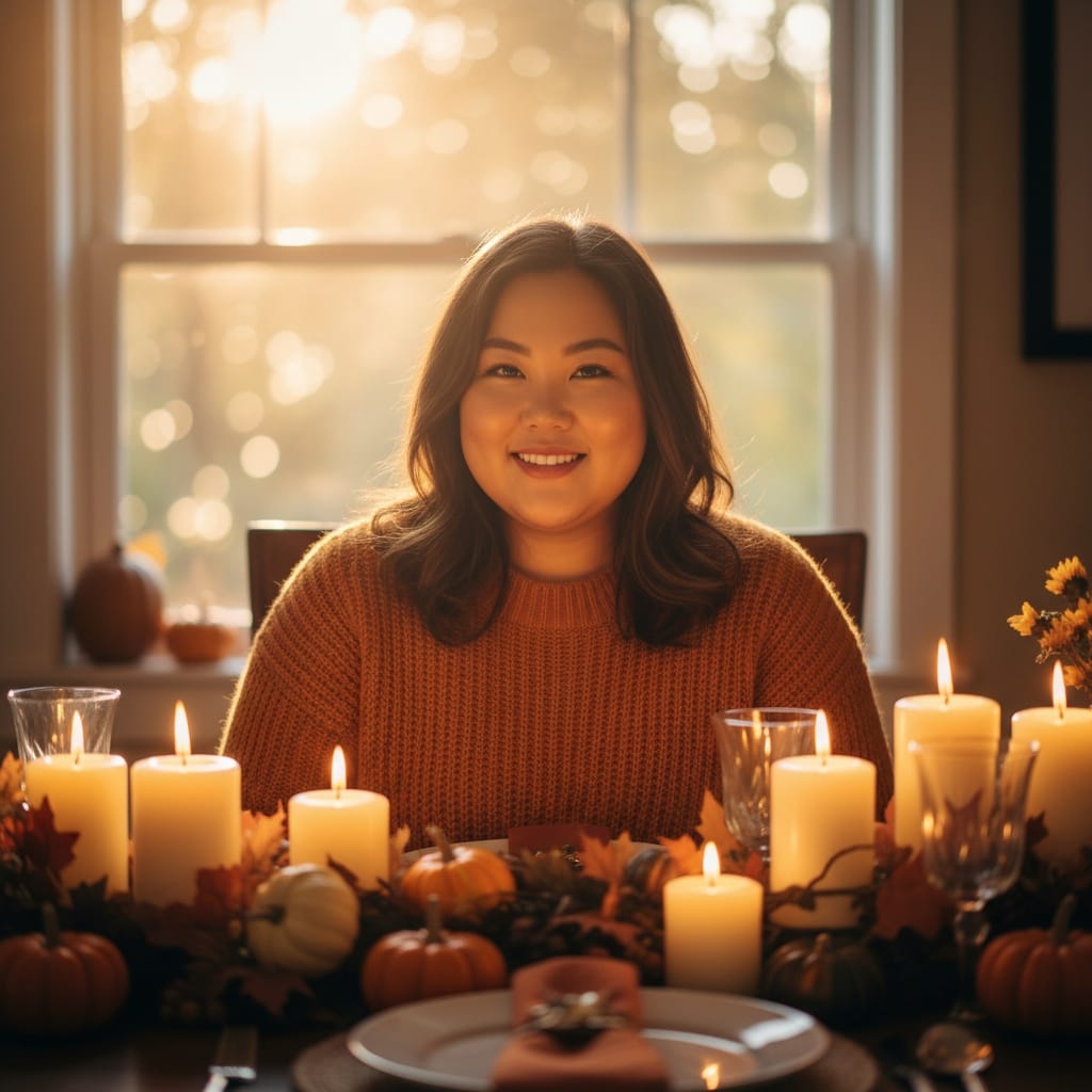 plus_size asian woman warm autumn dinner table 66072628