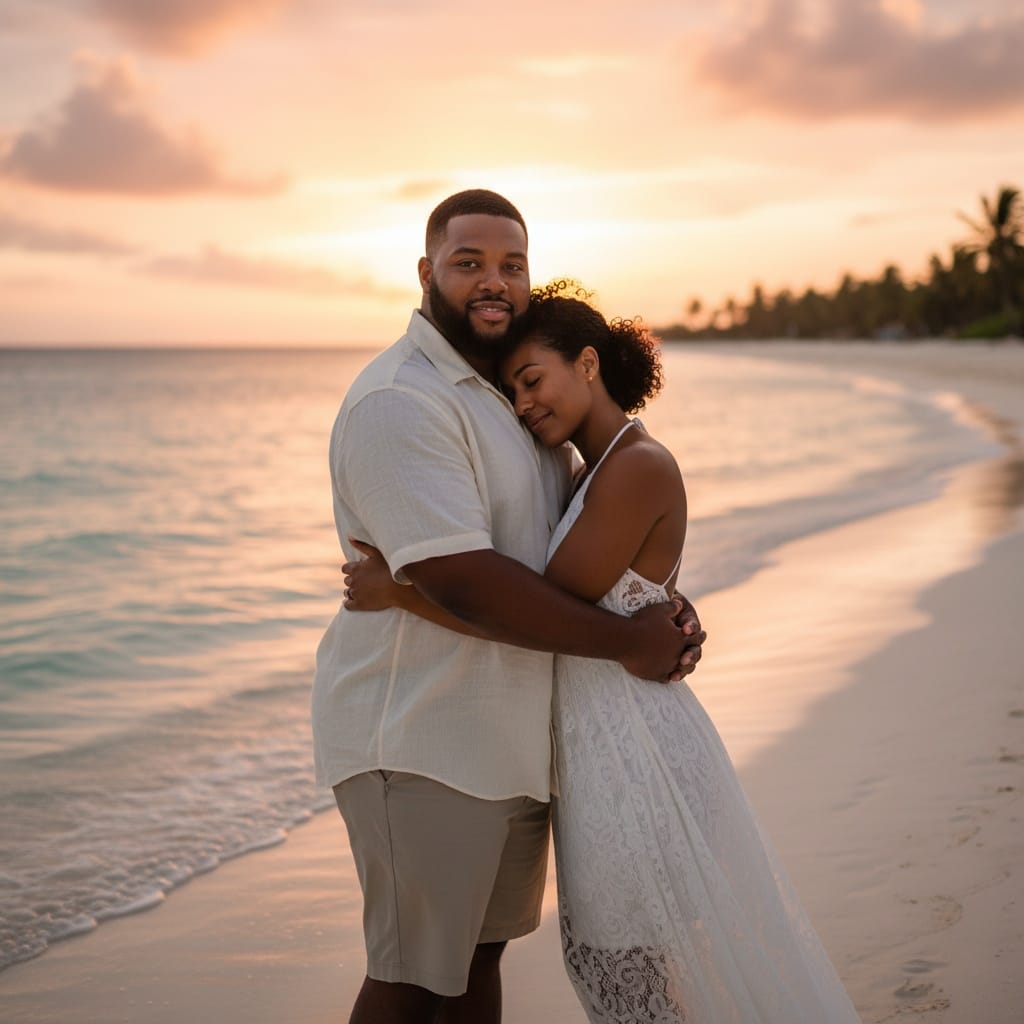 plus_size black man beach sunset embrace 98679720