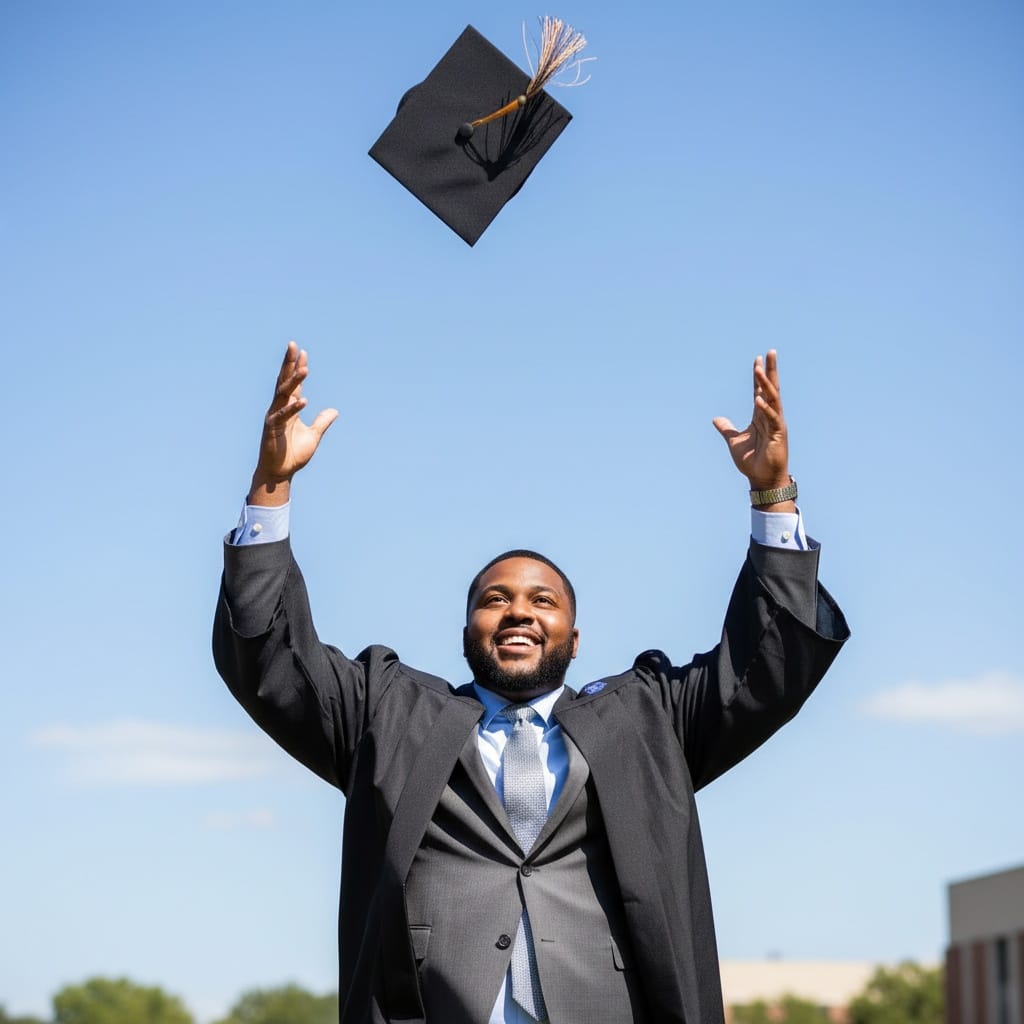 plus_size black man celebratory cap toss moment 26630972