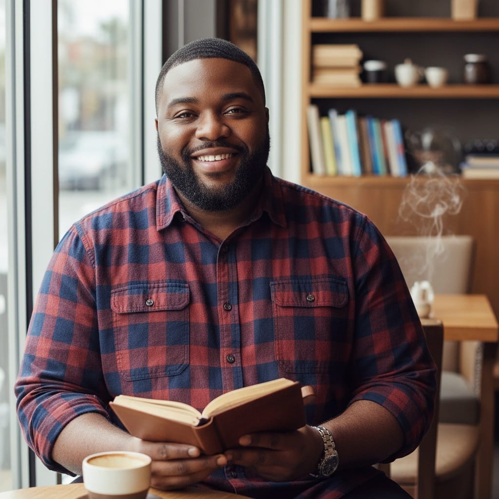 plus_size black man coffee shop casual setting 49178736