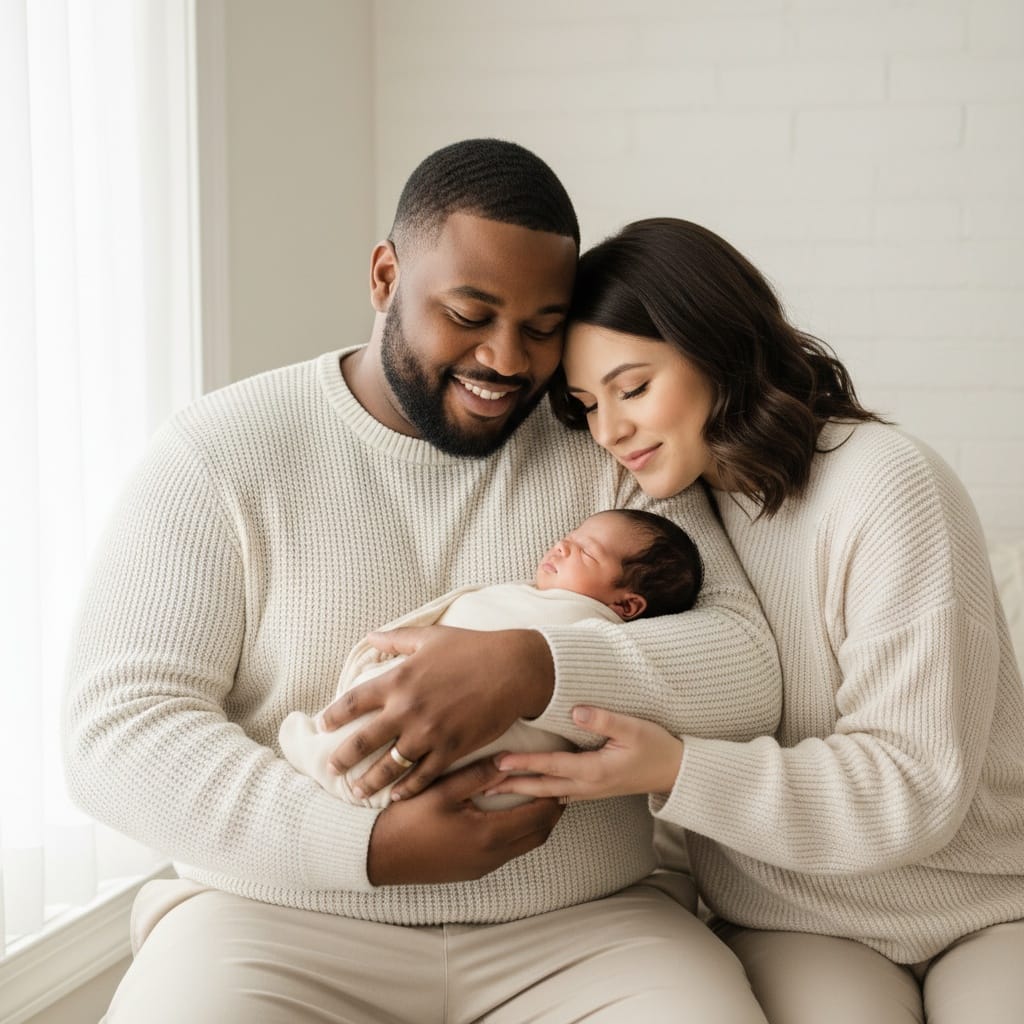 plus_size black man couple together with newborn 33819083
