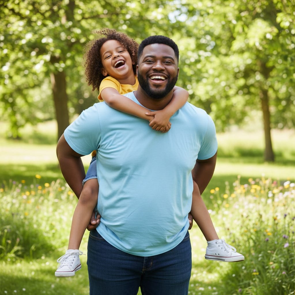 plus_size black man dad piggyback ride laughing 97781939