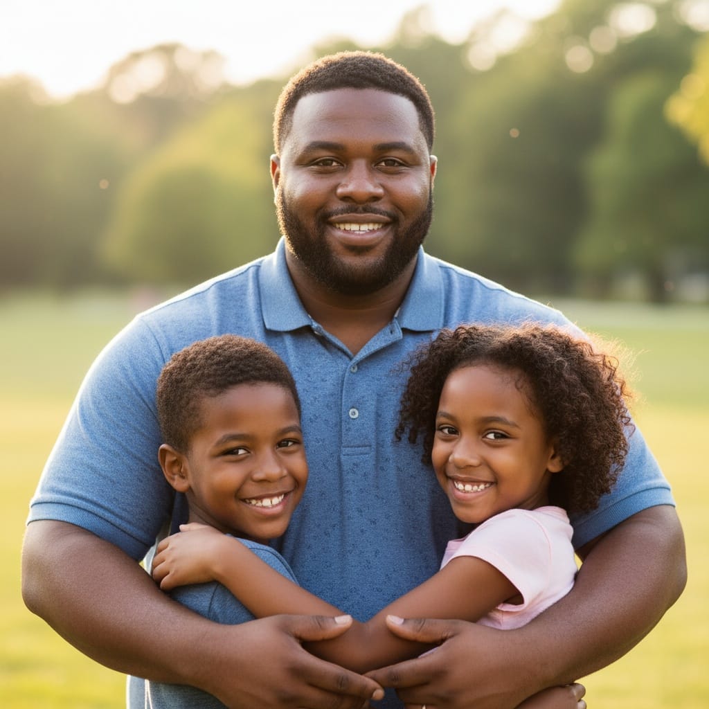 plus_size black man dad with kids outdoor hug 79313144