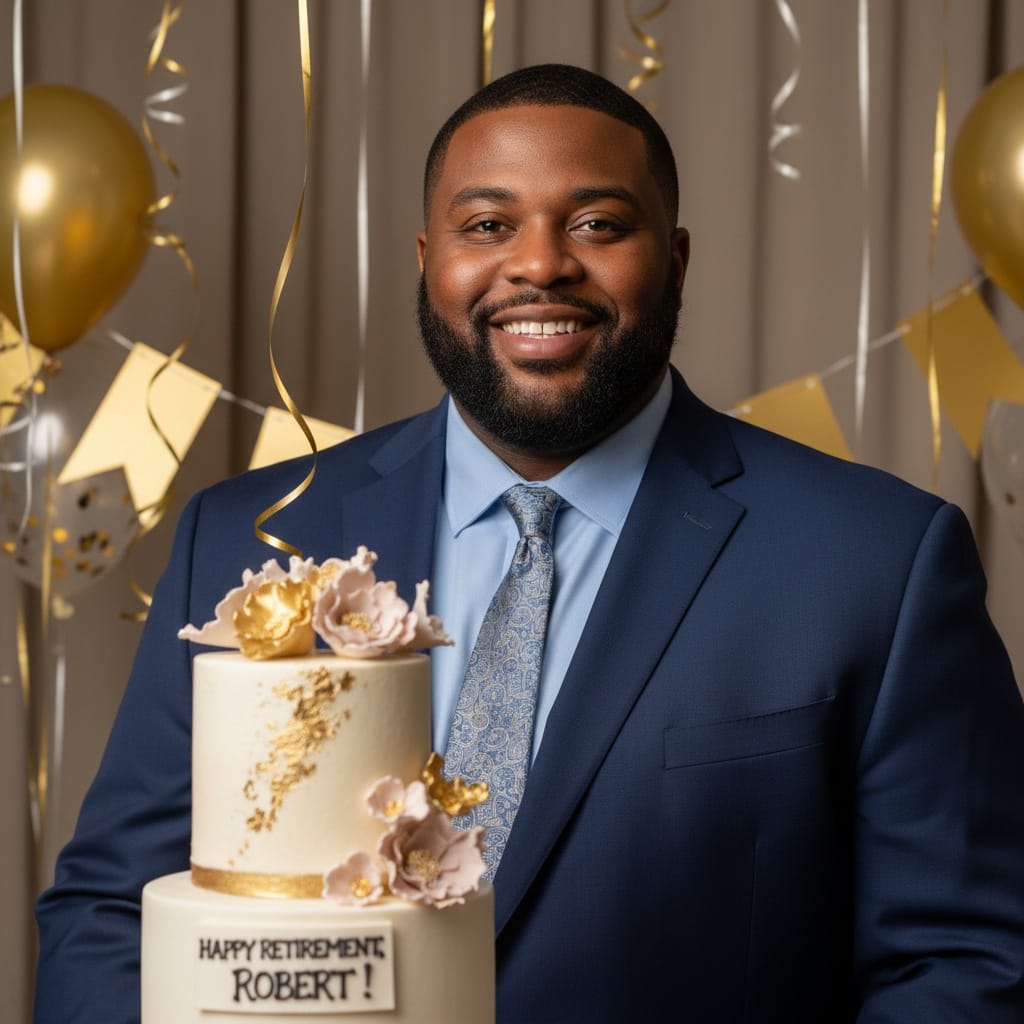 plus_size black man honoree portrait with cake 85269332