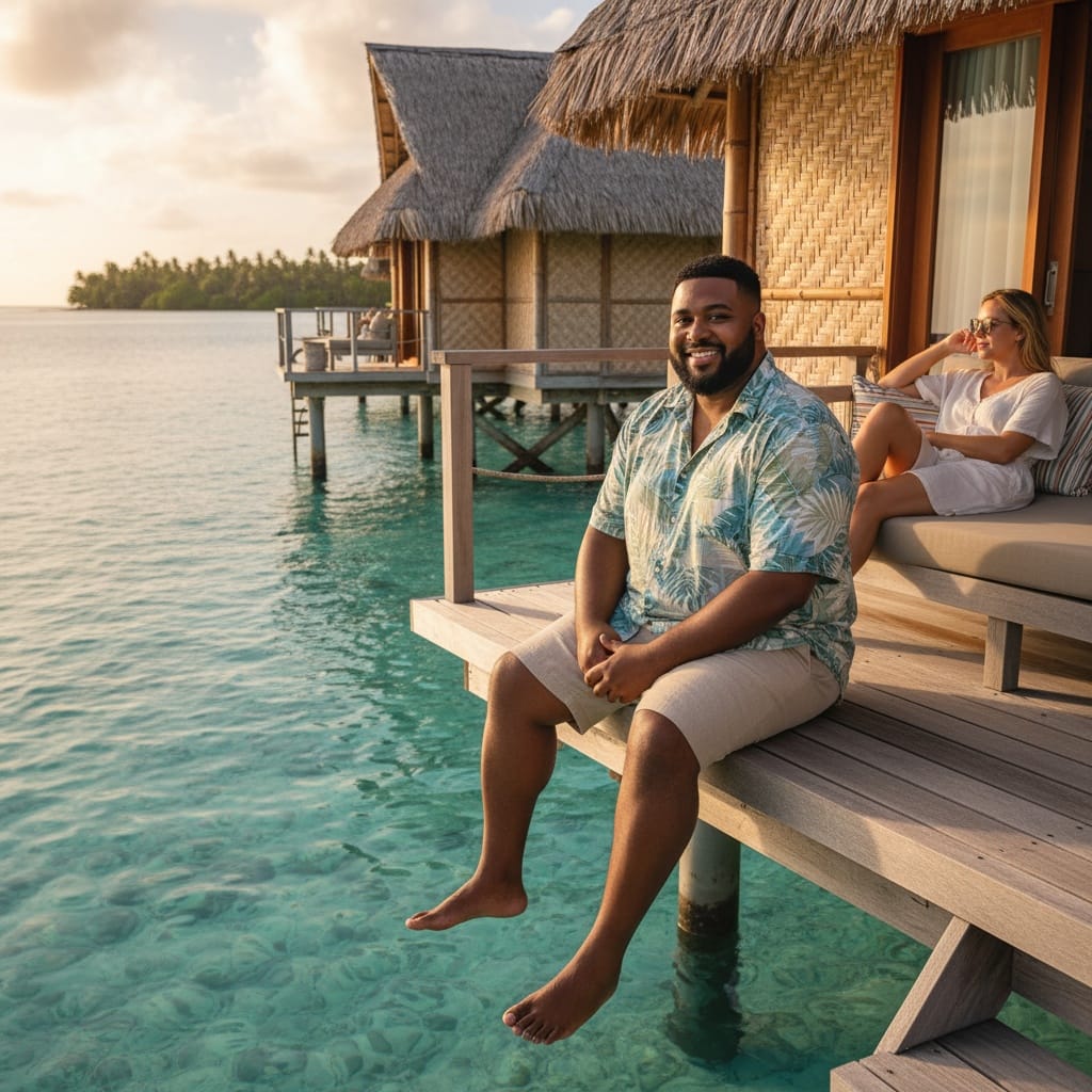 plus_size black man overwater bungalow deck 31384240