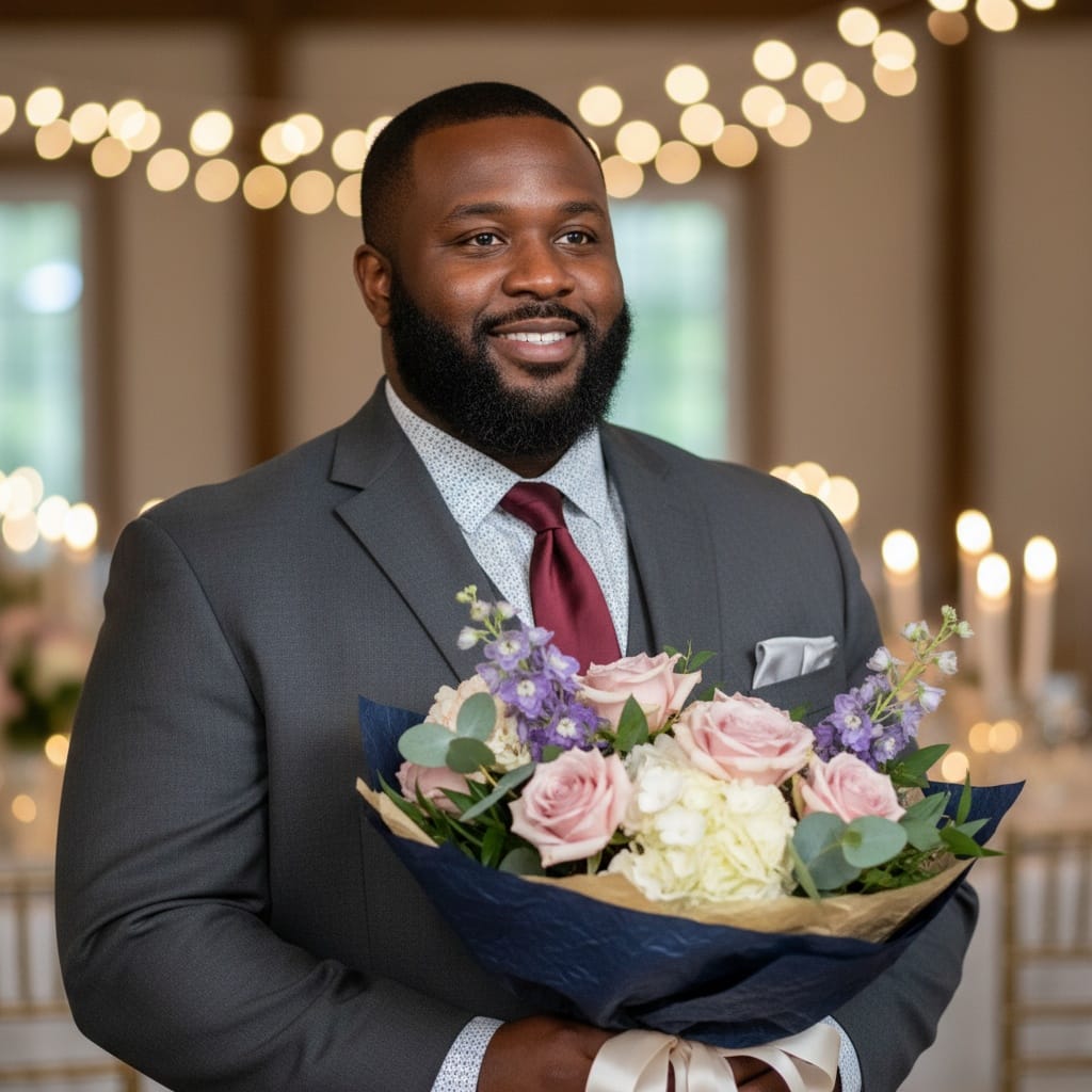 plus_size black man receiving flowers gift 99294214