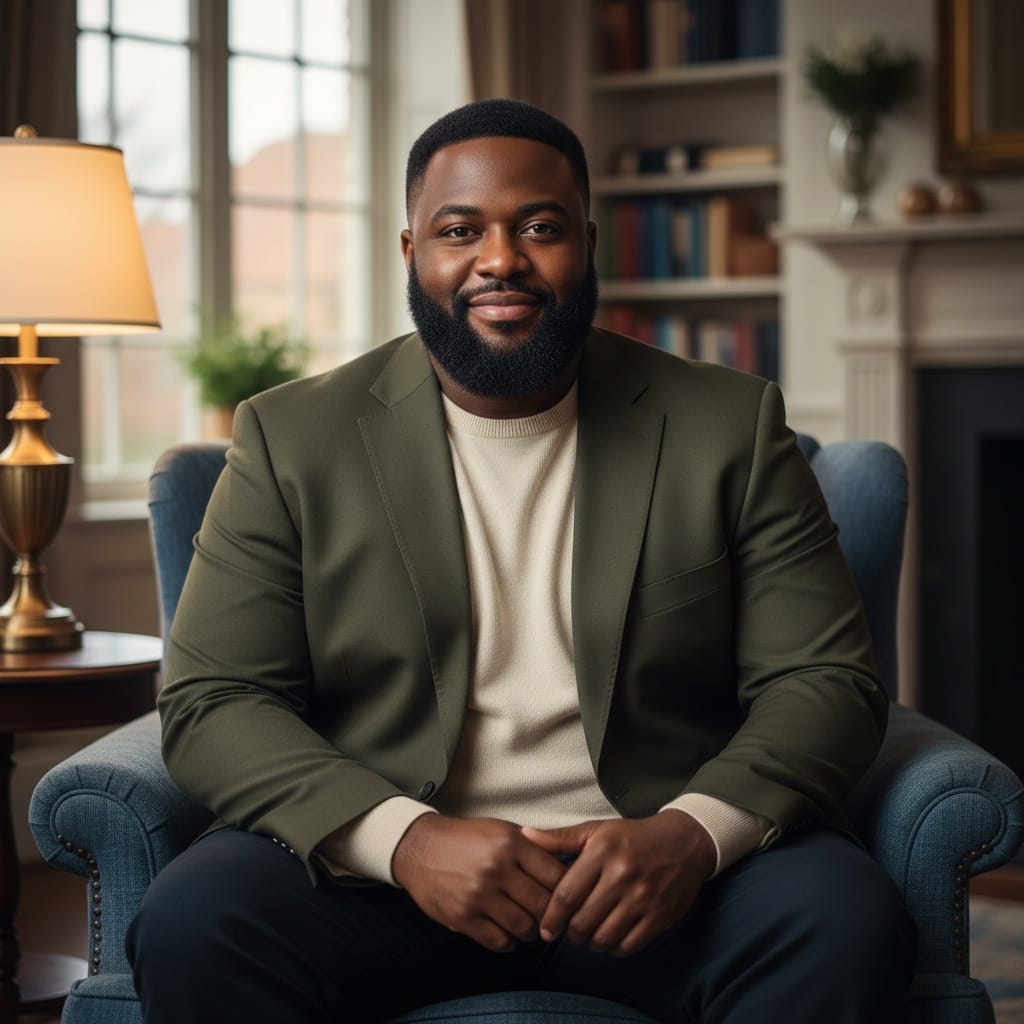 plus_size black man seated reflection portrait 57785582