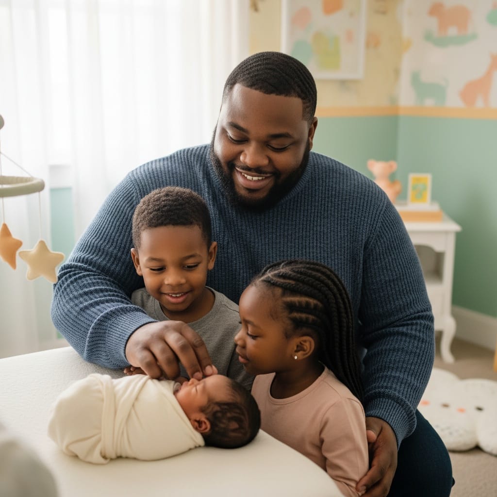 plus_size black man siblings meeting newborn 44259638