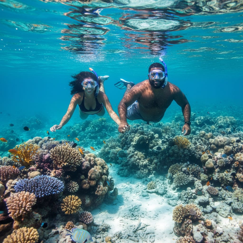 plus_size black man snorkeling underwater couple 91835440