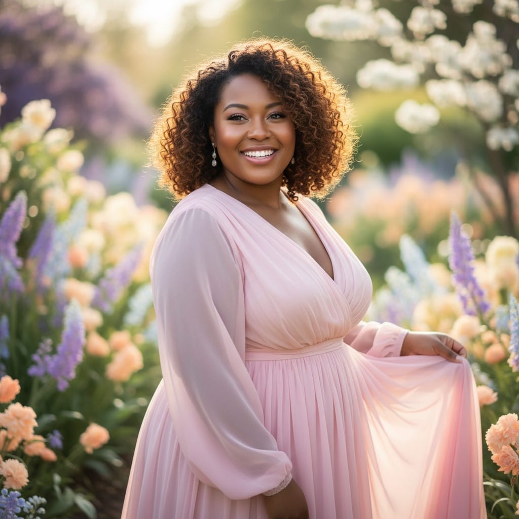 plus_size black woman pastel spring garden portrait 92487340