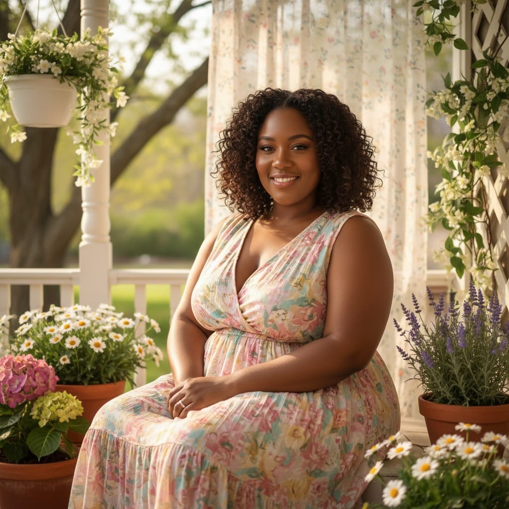 plus_size black woman spring porch sitting portrait 32347432
