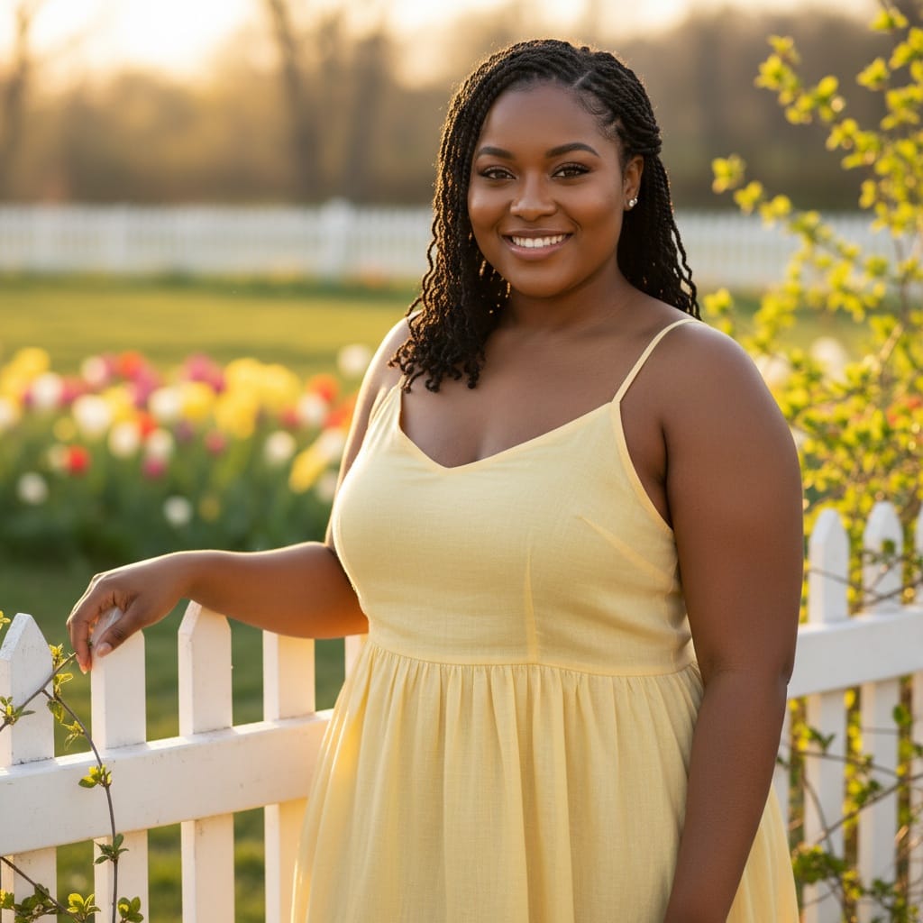 plus_size black woman white picket fence spring 48272078