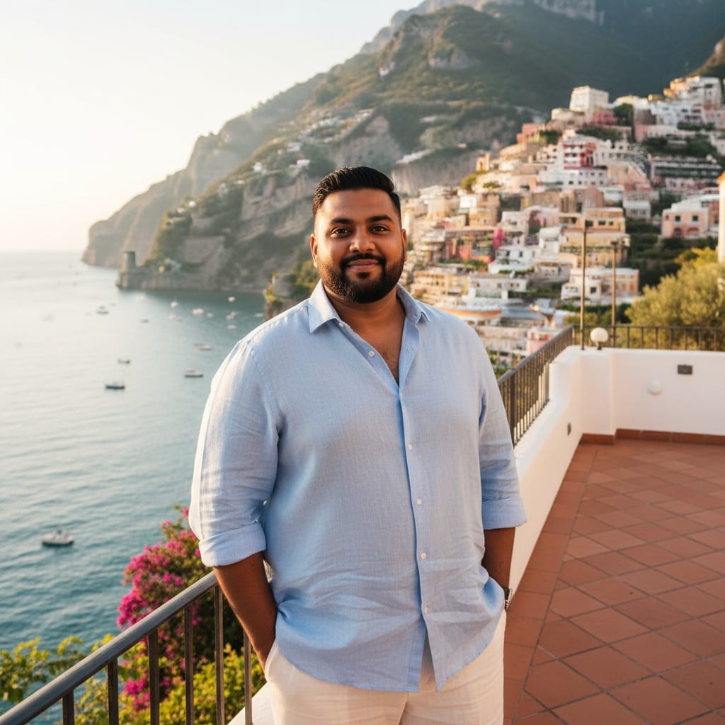 plus_size indian man amalfi coast cliffside 38446070