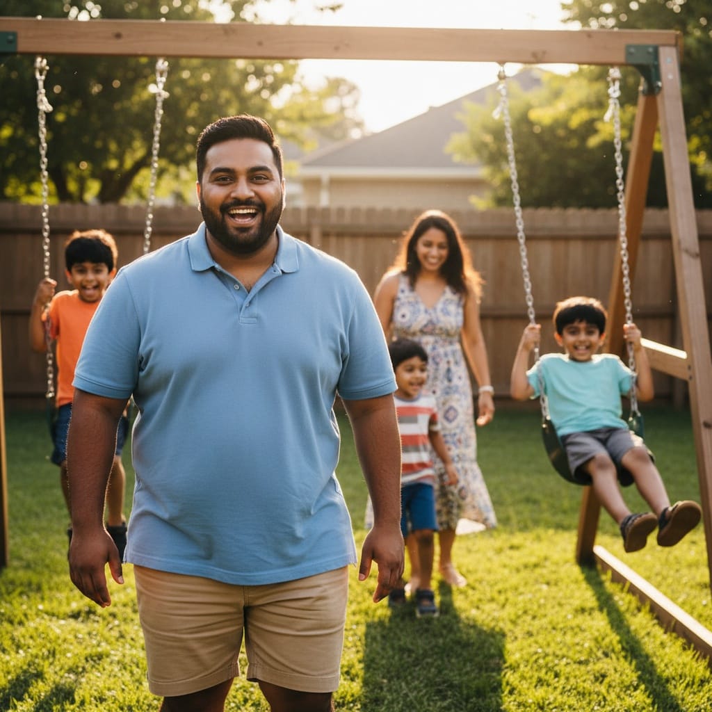 plus_size indian man backyard play action 95301261