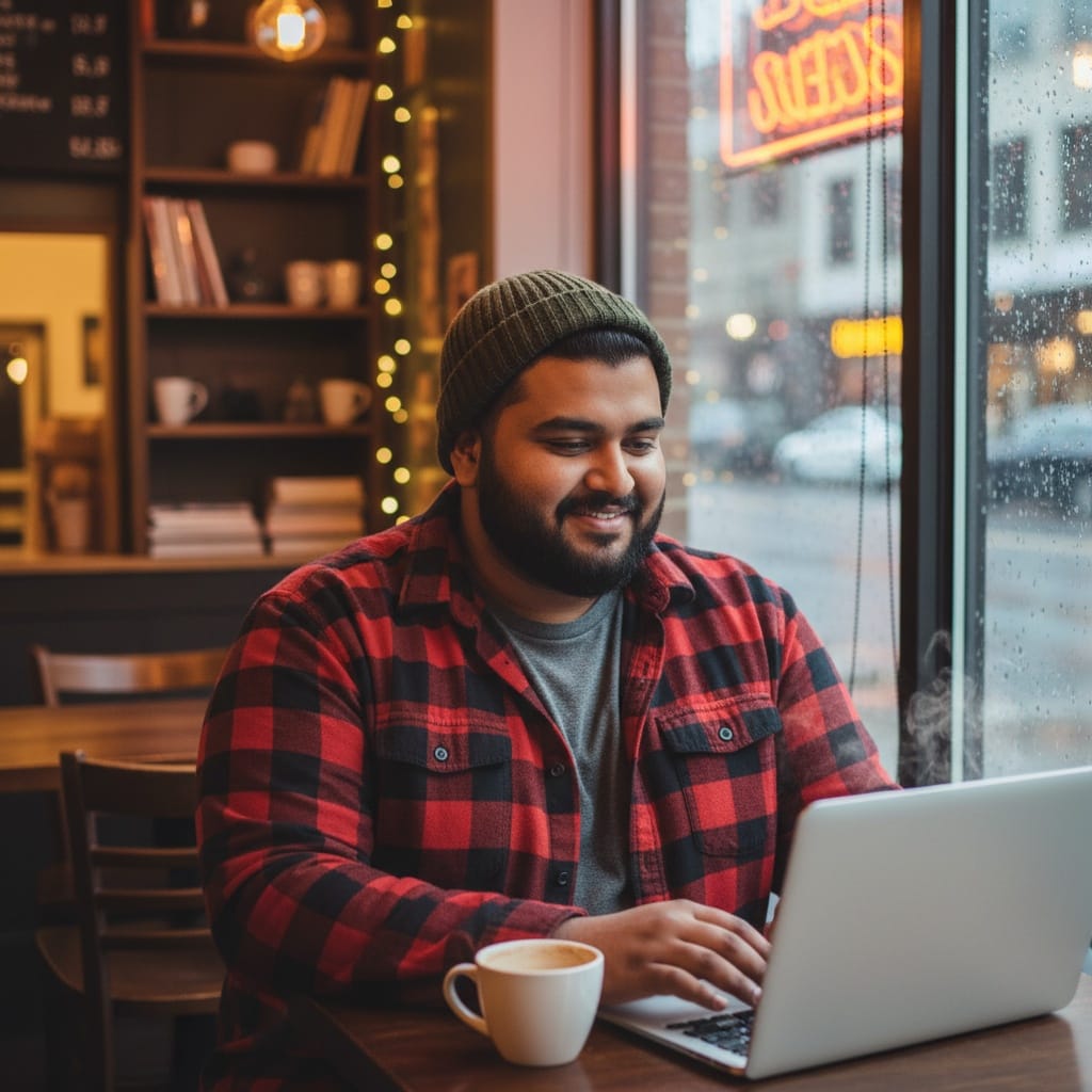 plus_size indian man coffee shop window seat 87782991