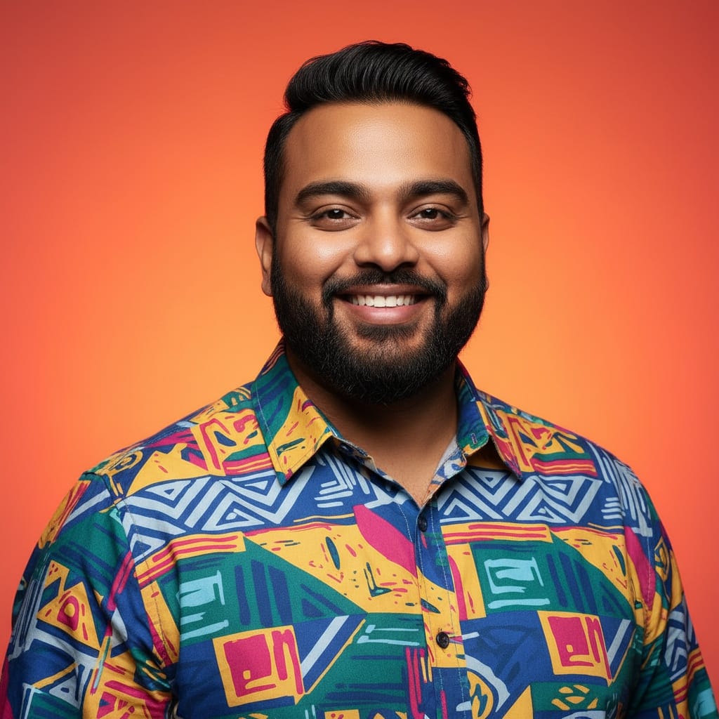 plus_size indian man colorful backdrop close up 60905869