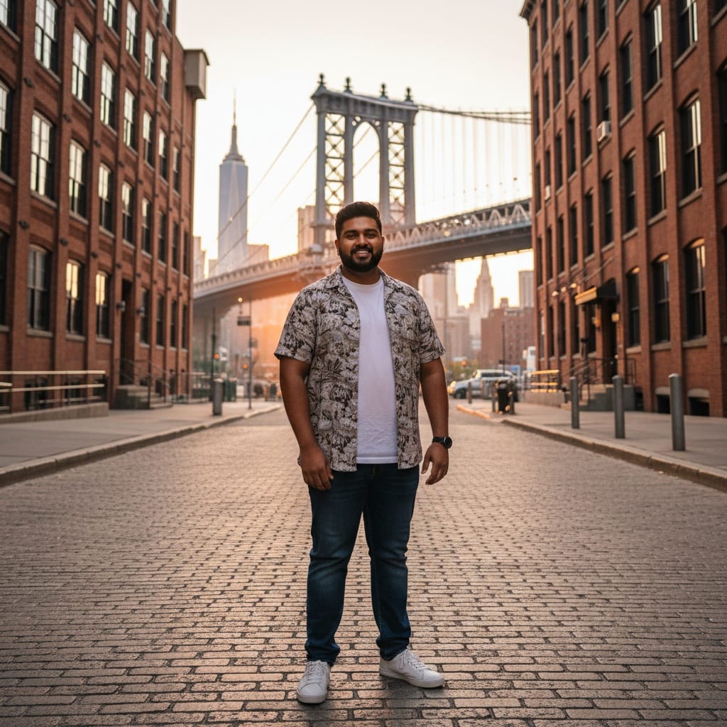 plus_size indian man dumbo brooklyn bridge view 74604517
