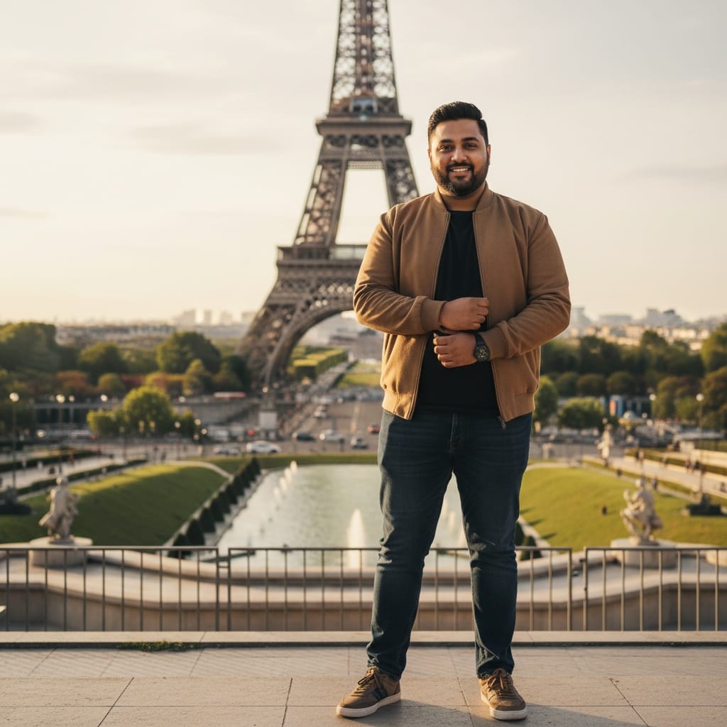 plus_size indian man eiffel tower golden hour 82096913