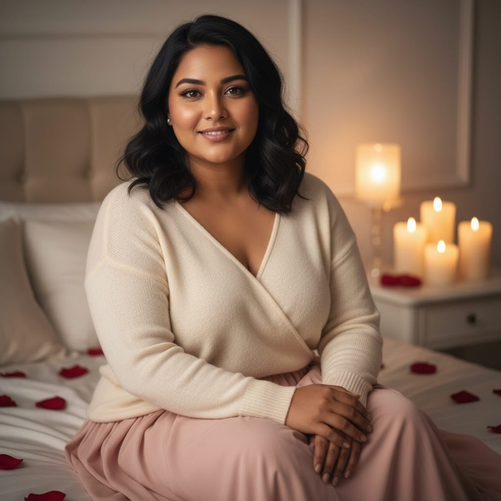 plus_size indian woman bedroom romantic portrait 36990459