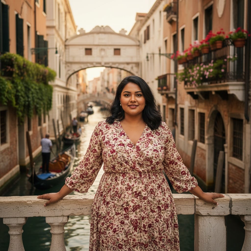 plus_size indian woman canal bridge romantic 17125775