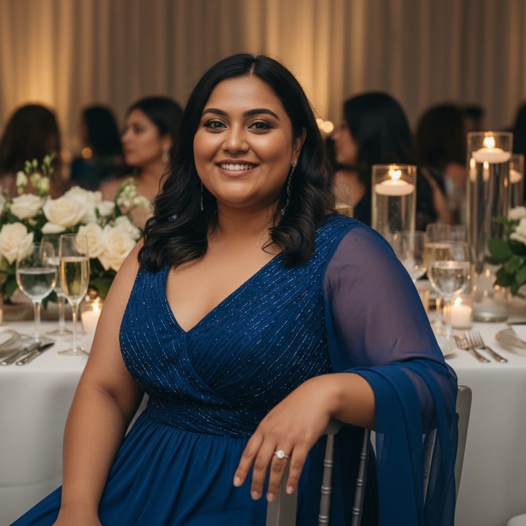 plus_size indian woman champagne table setting 53668337