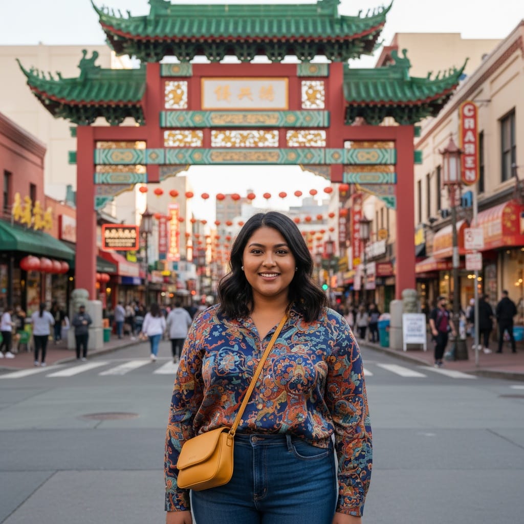 plus_size indian woman chinatown gate entrance 81347283
