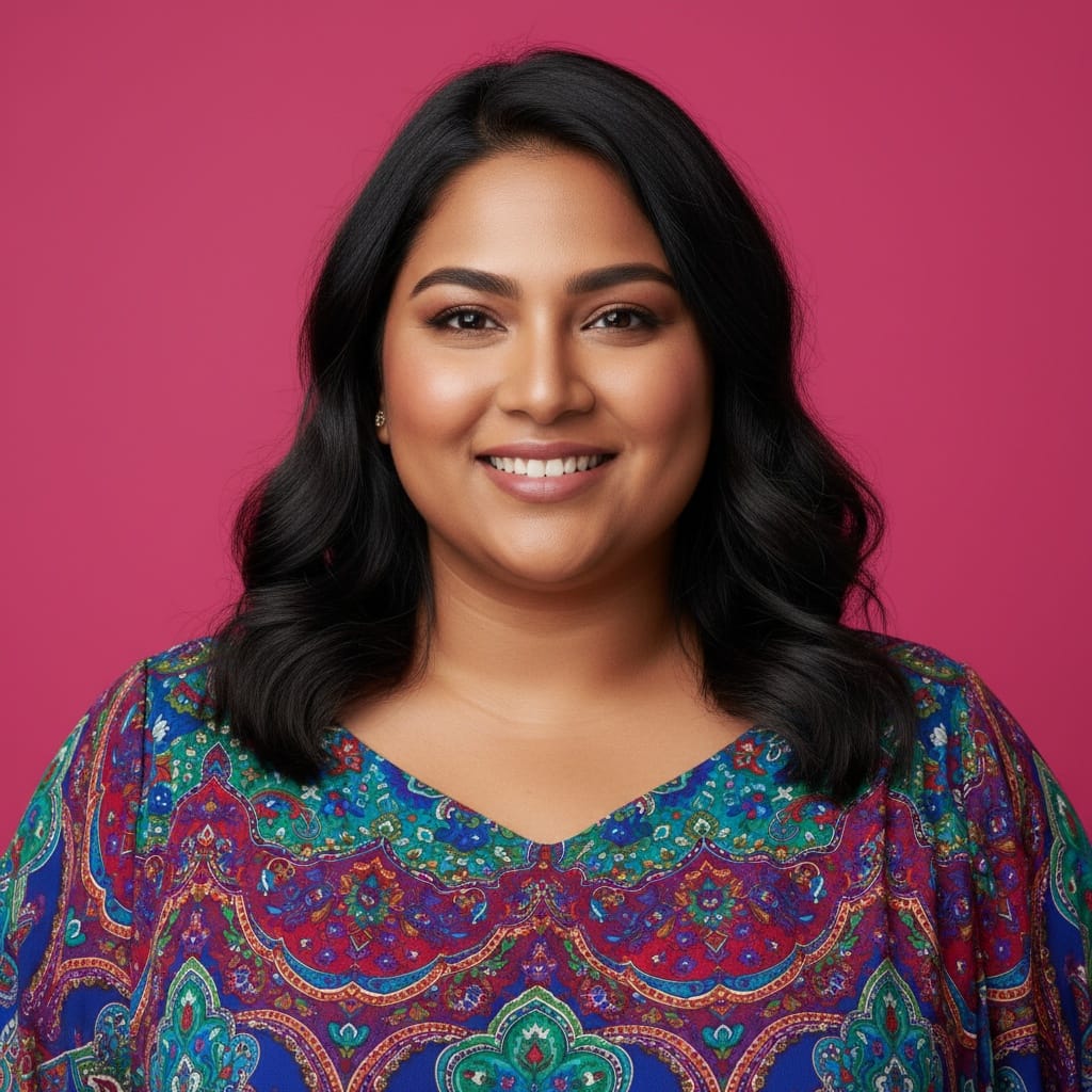plus_size indian woman colorful backdrop close up 77265403