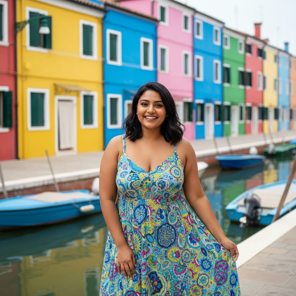 plus_size indian woman colorful burano houses 93136375