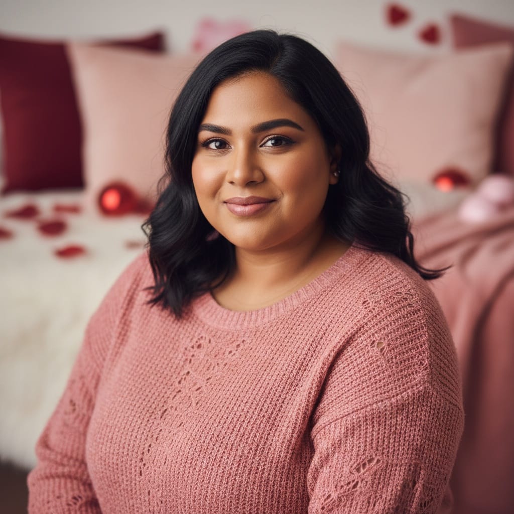 plus_size indian woman cozy sweater portrait 71840303