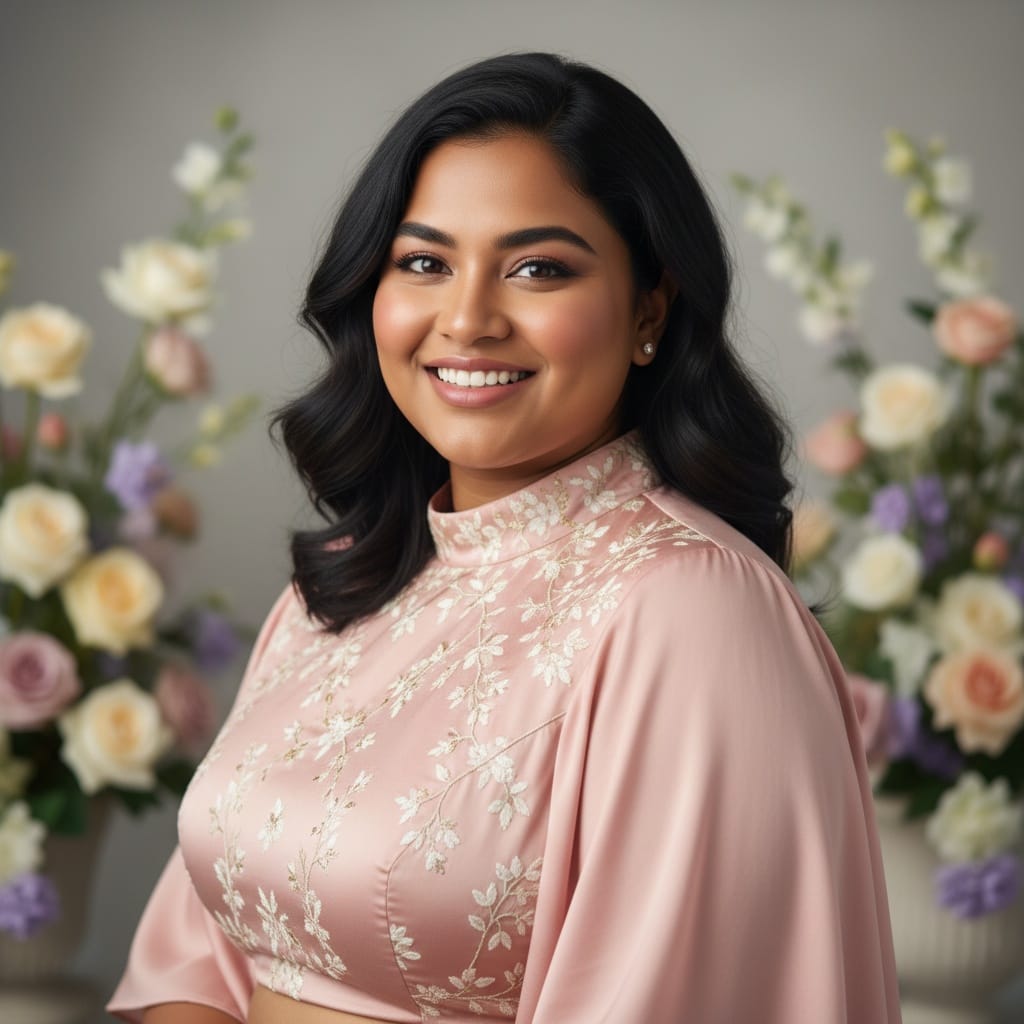 plus_size indian woman elegant portrait flowers 17032258