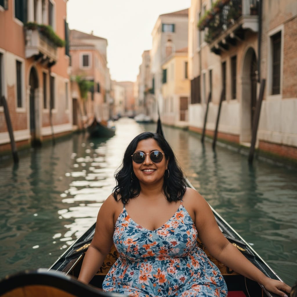 plus_size indian woman gondola ride canal 46464904
