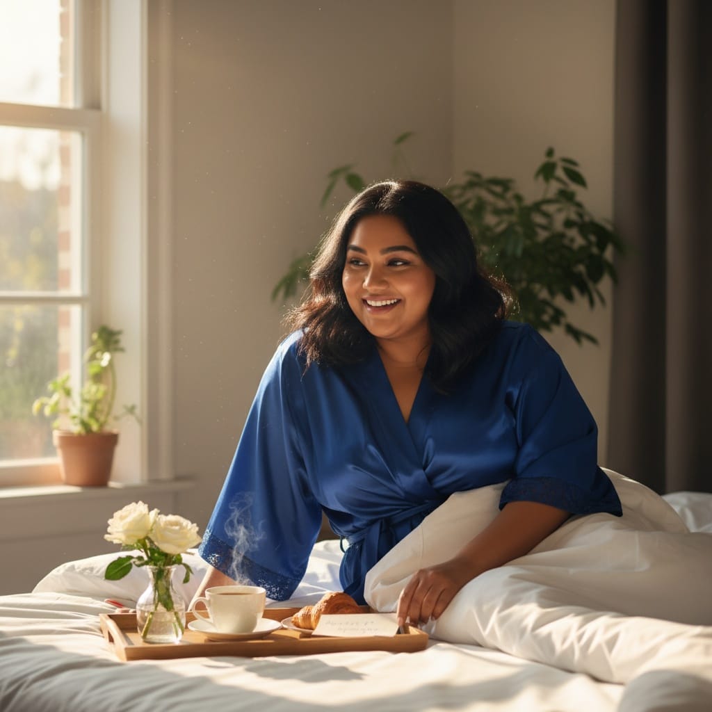 plus_size indian woman mom breakfast in bed 61849353