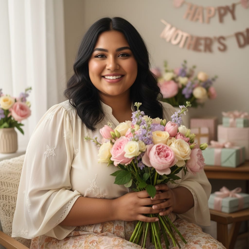 plus_size indian woman mom with flower bouquet 61008139