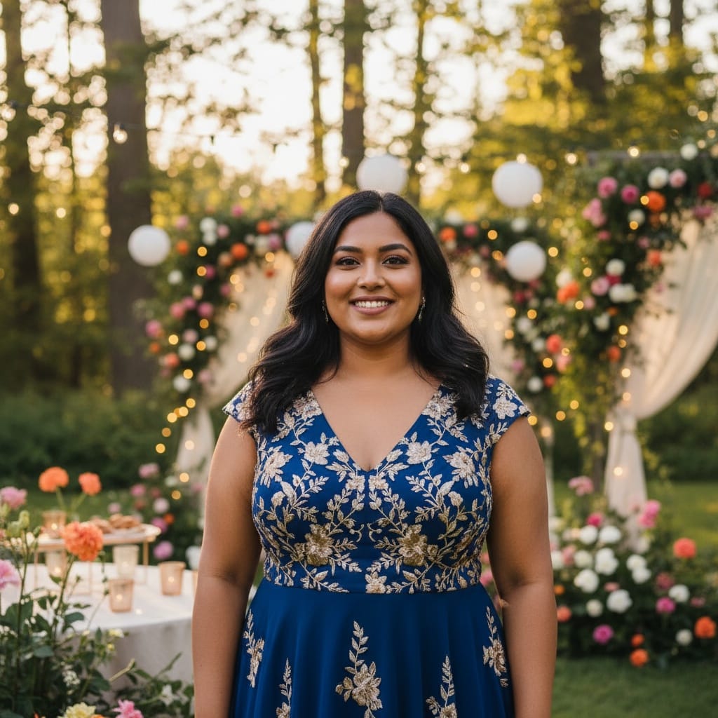 plus_size indian woman outdoor garden party setting 24517726