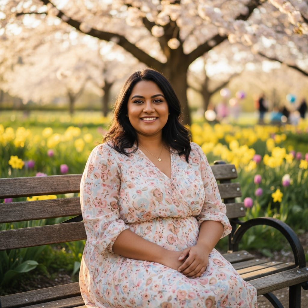 plus_size indian woman outdoor park bench 60943426