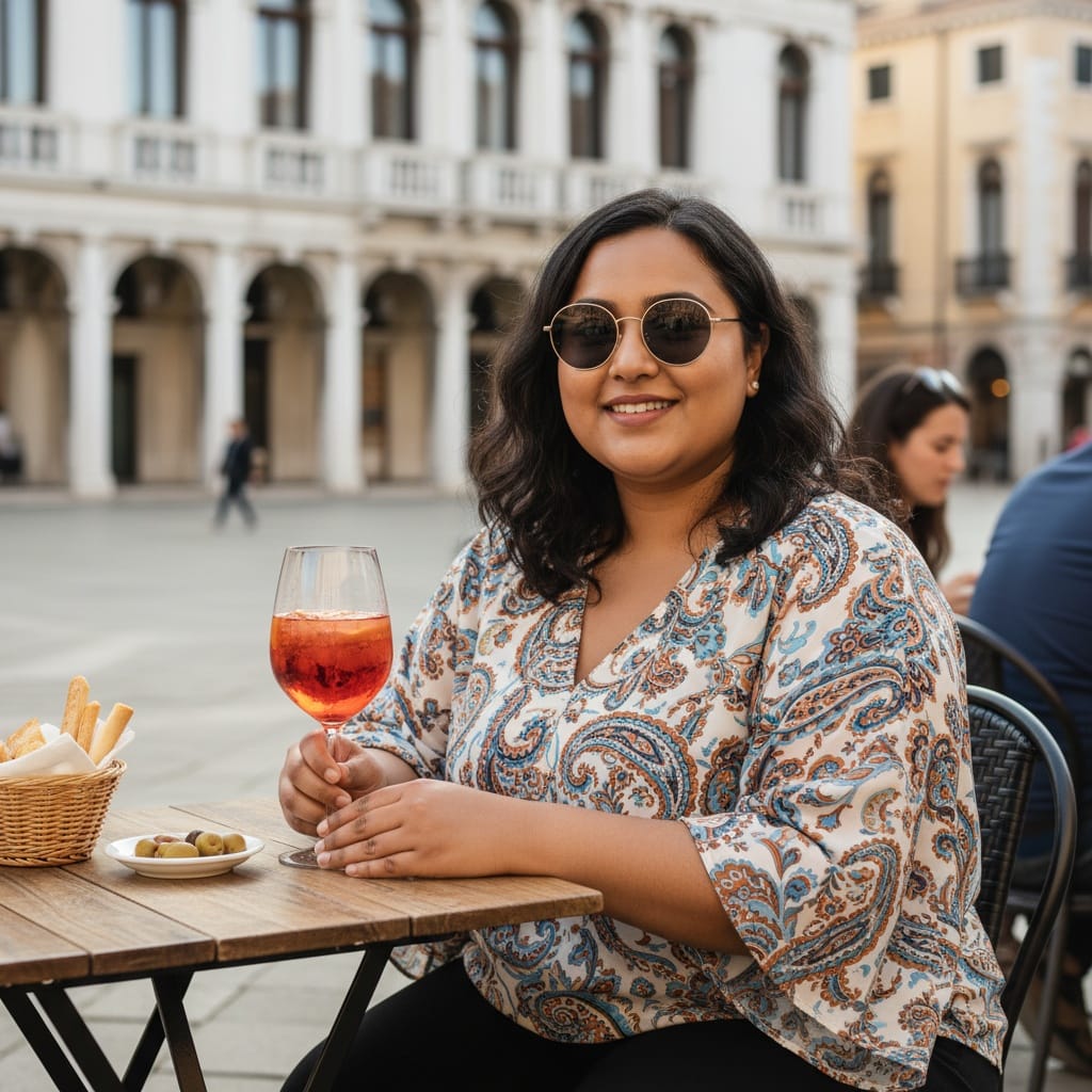 plus_size indian woman venetian cafe table 49913732