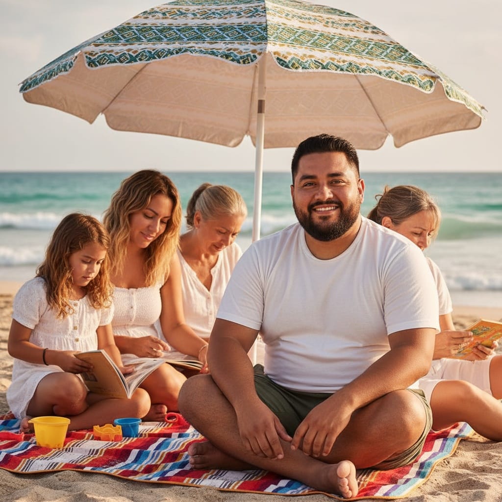 plus_size latino man beach blanket picnic 57473744