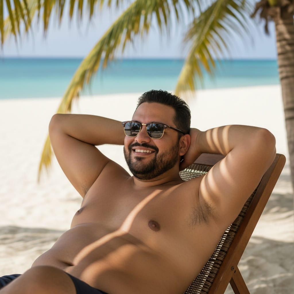 plus_size latino man beach chair palm trees 58080406