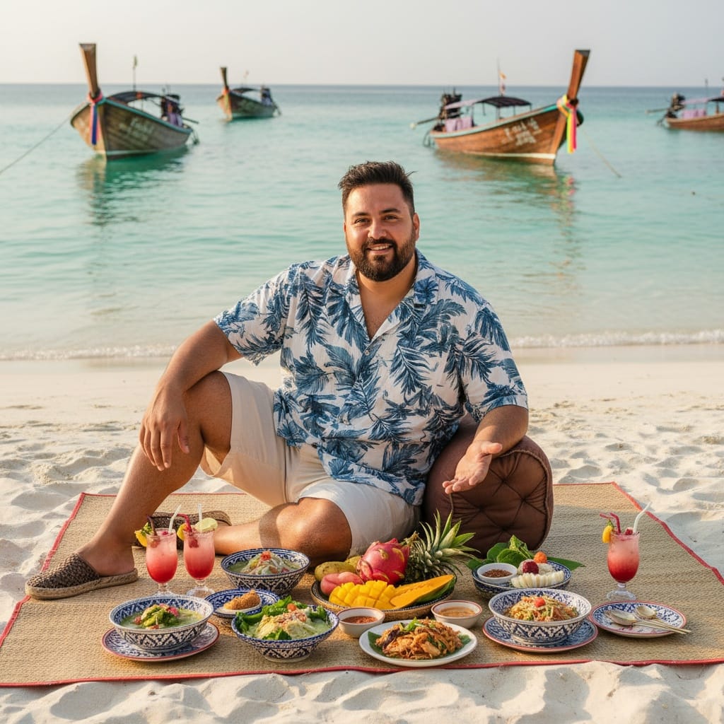 plus_size latino man beach picnic setup 43751368
