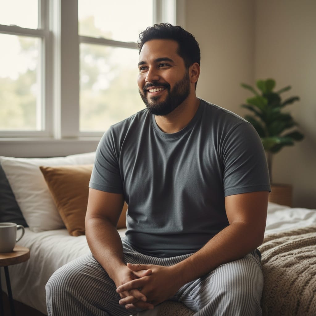 plus_size latino man bedroom intimate morning 88912158