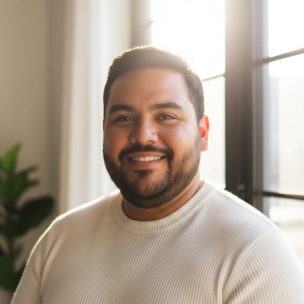plus_size latino man bright airy window backdrop 74787044