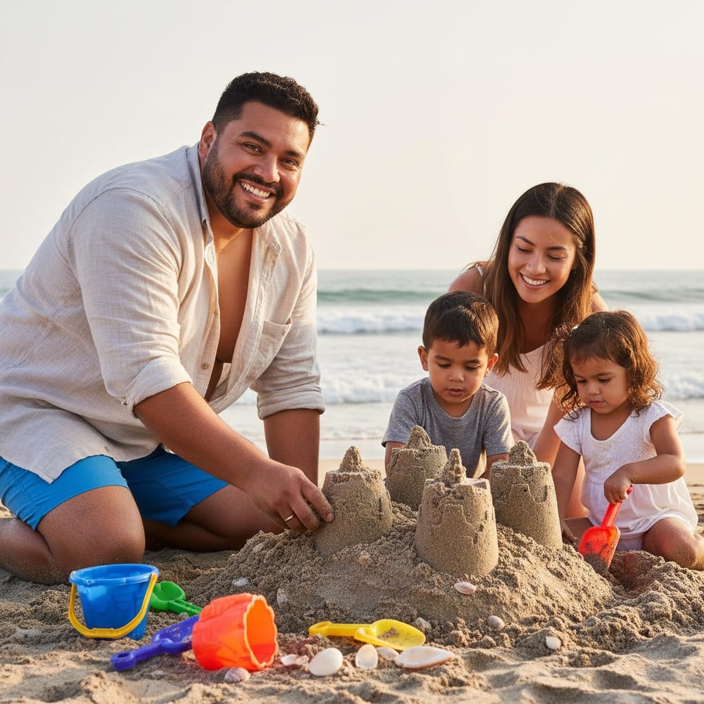 plus_size latino man building sandcastle playful 72622087
