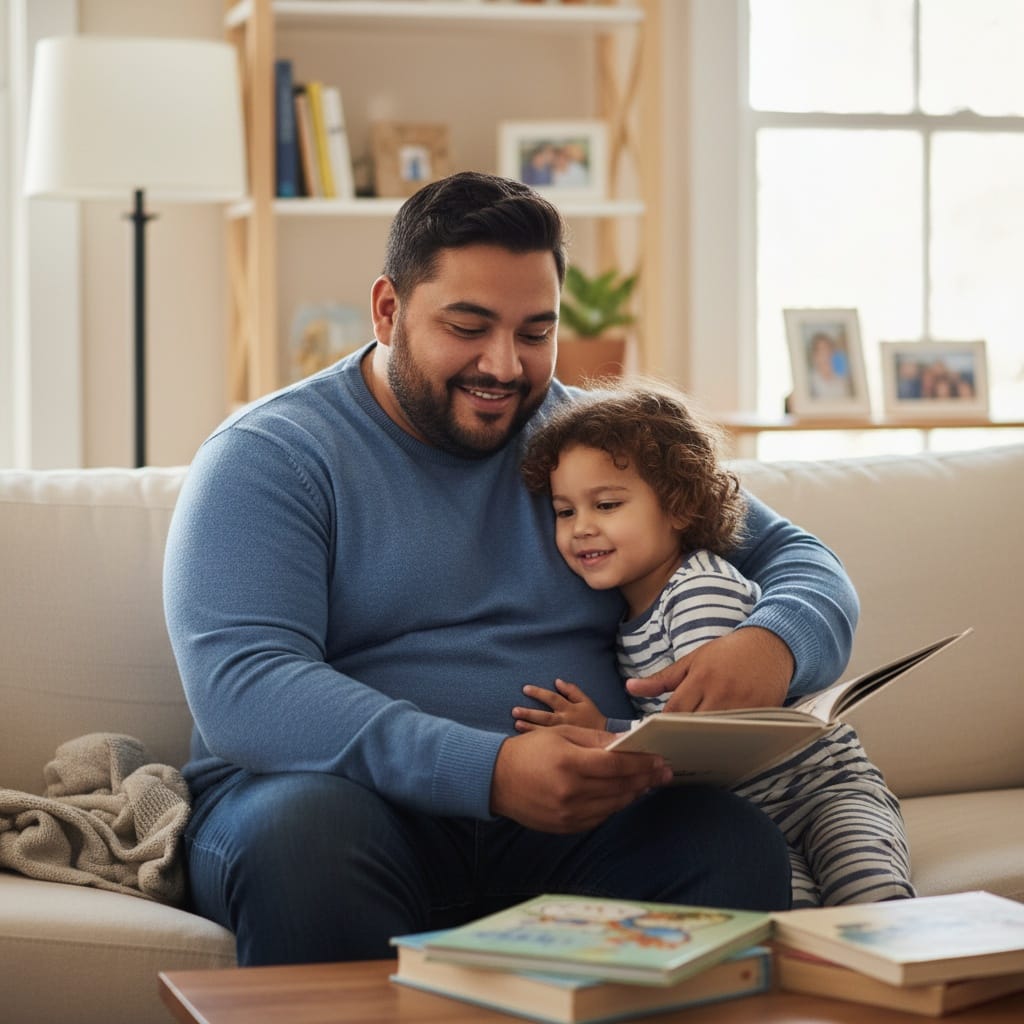 plus_size latino man dad reading bedtime story 69989797