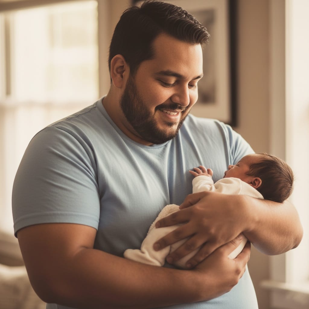 plus_size latino man dad with baby close up 88610244