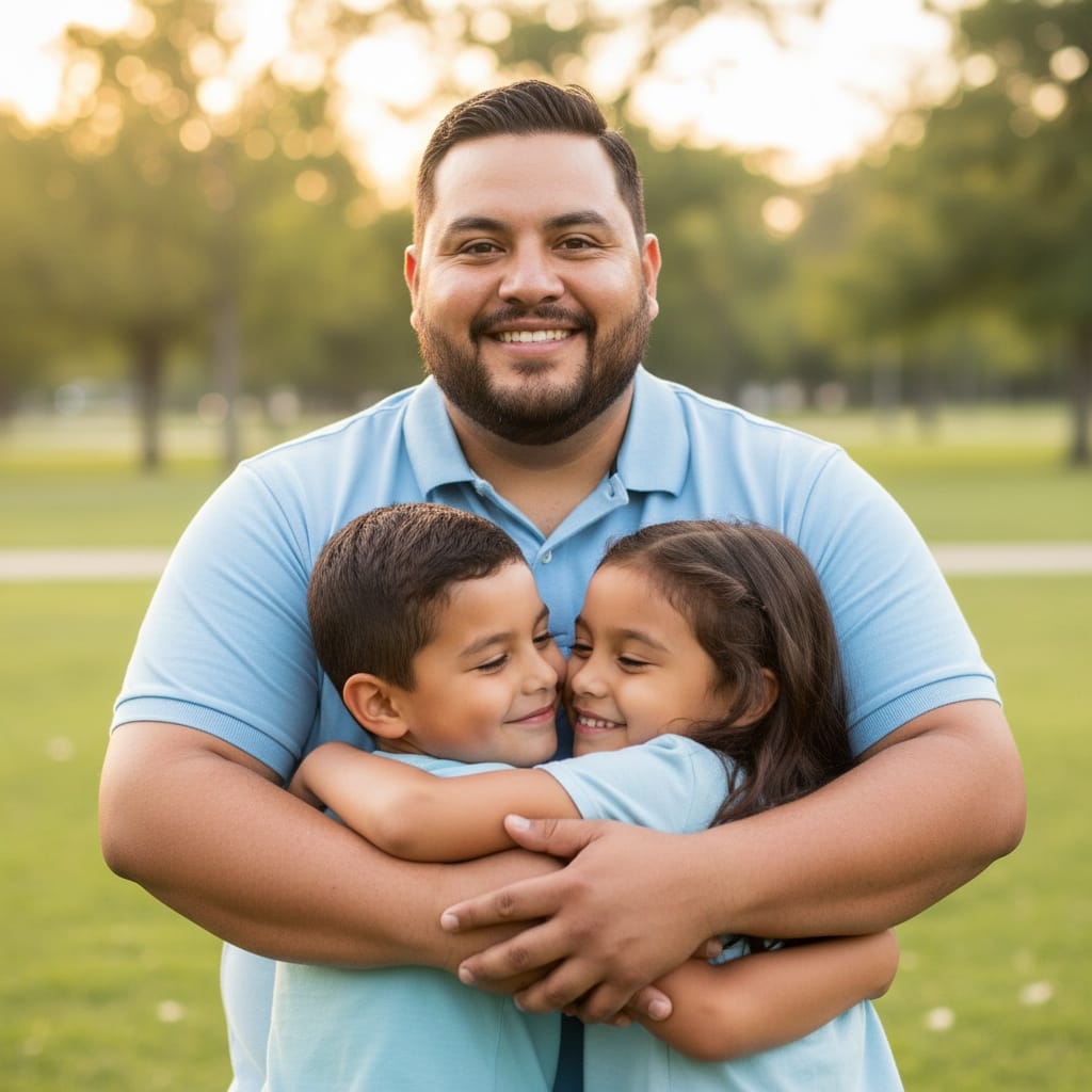 plus_size latino man dad with kids outdoor hug 77425124