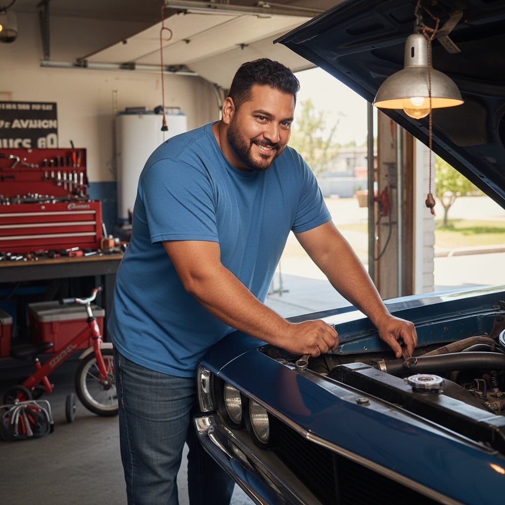plus_size latino man dad working on car 58330215