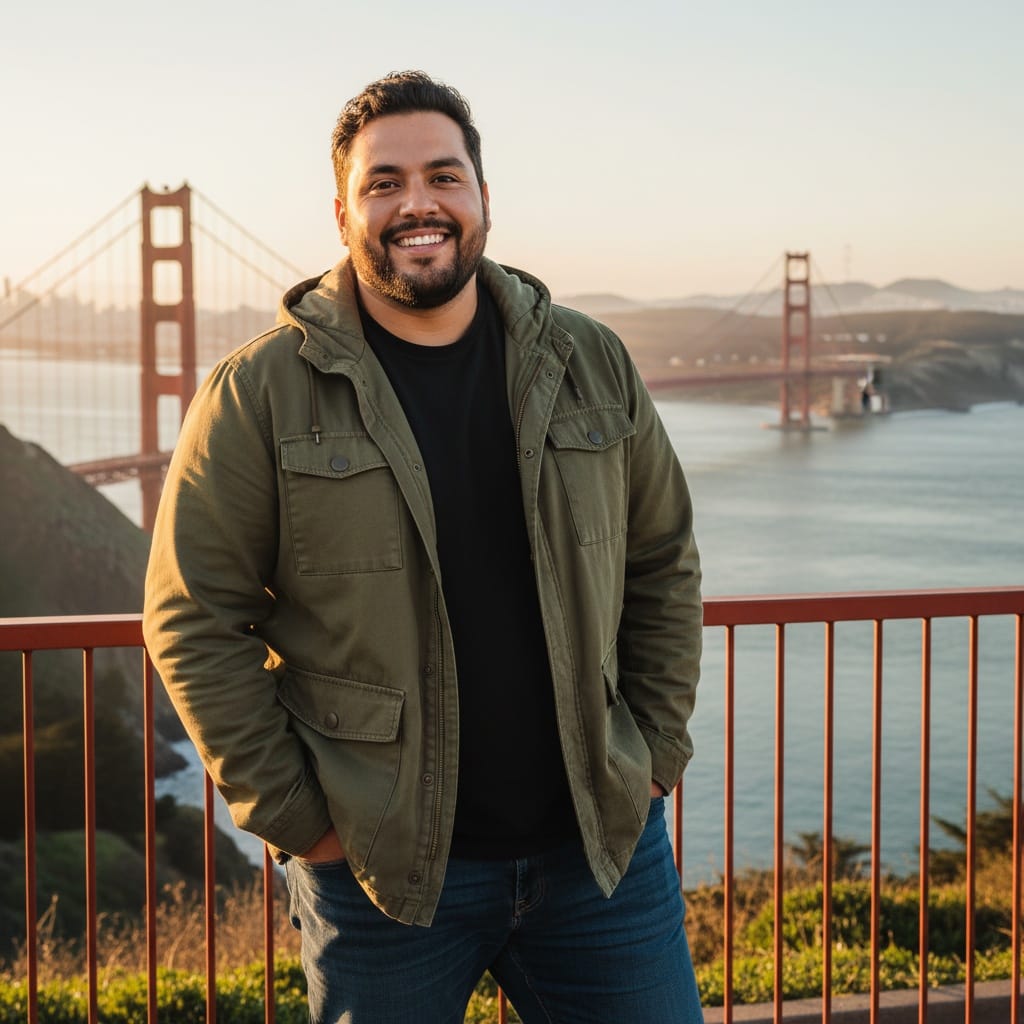 plus_size latino man golden gate bridge overlook 57332440