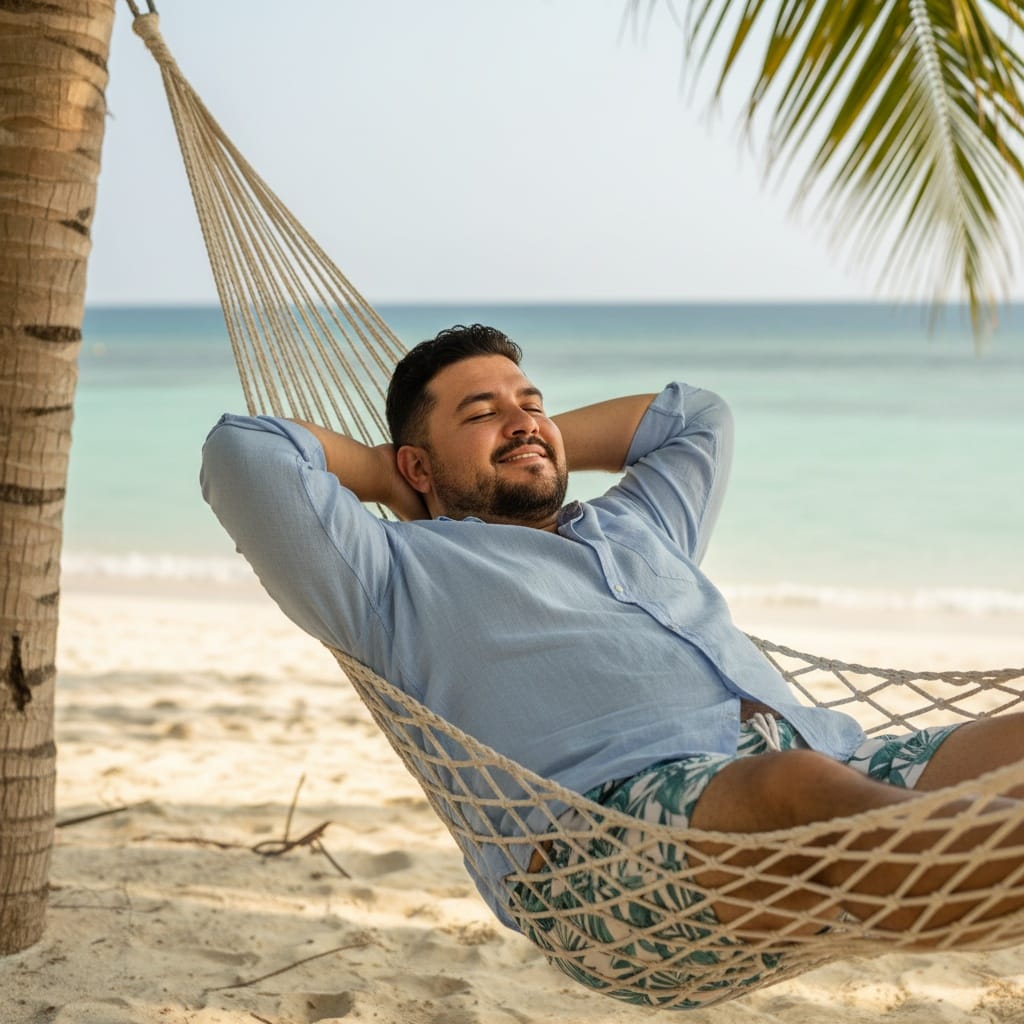 plus_size latino man hammock between palms 97110978