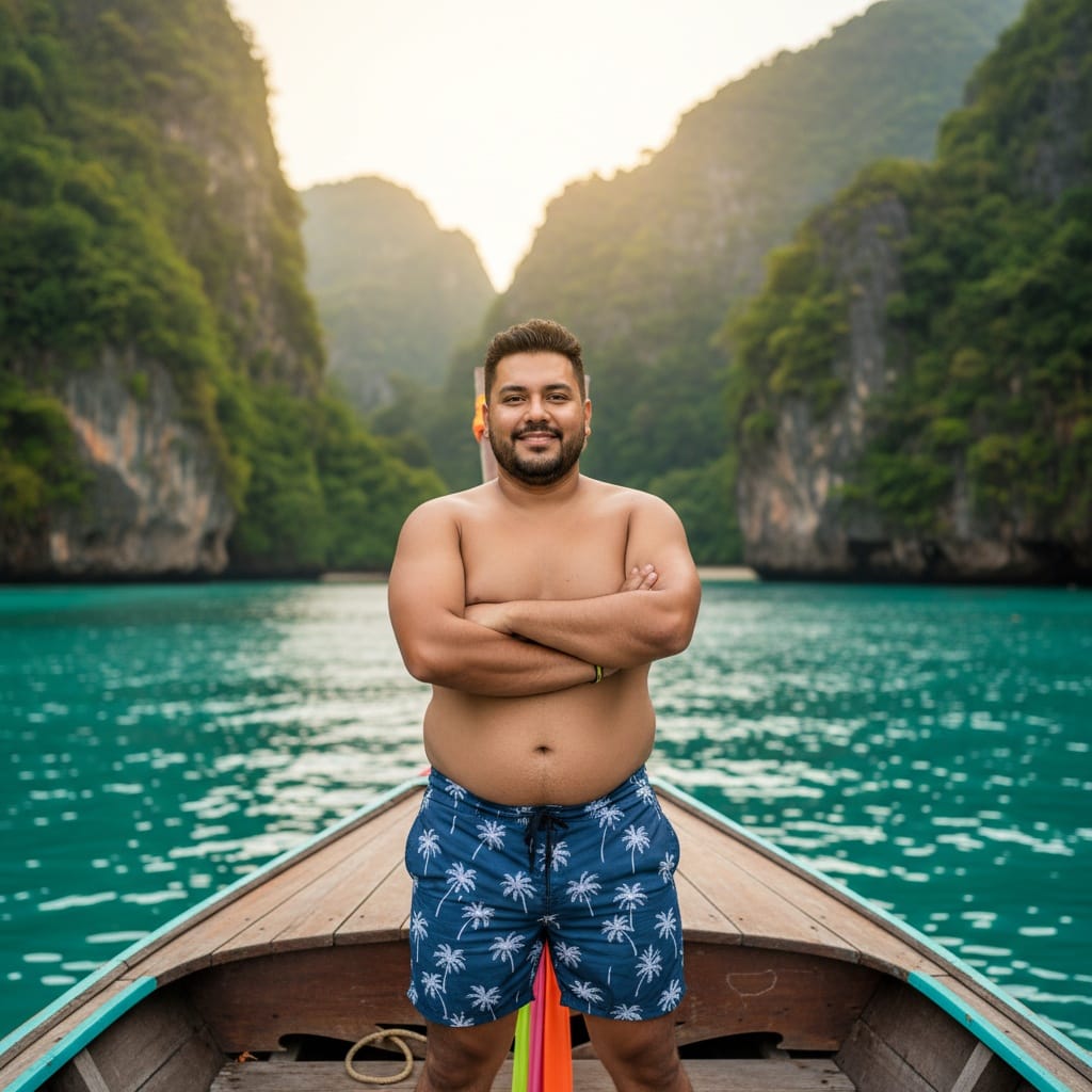 plus_size latino man limestone cliffs longtail boat 50100385